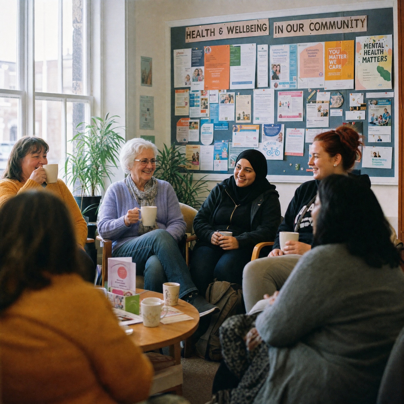 Two people in conversation over cups of tea at a community hub