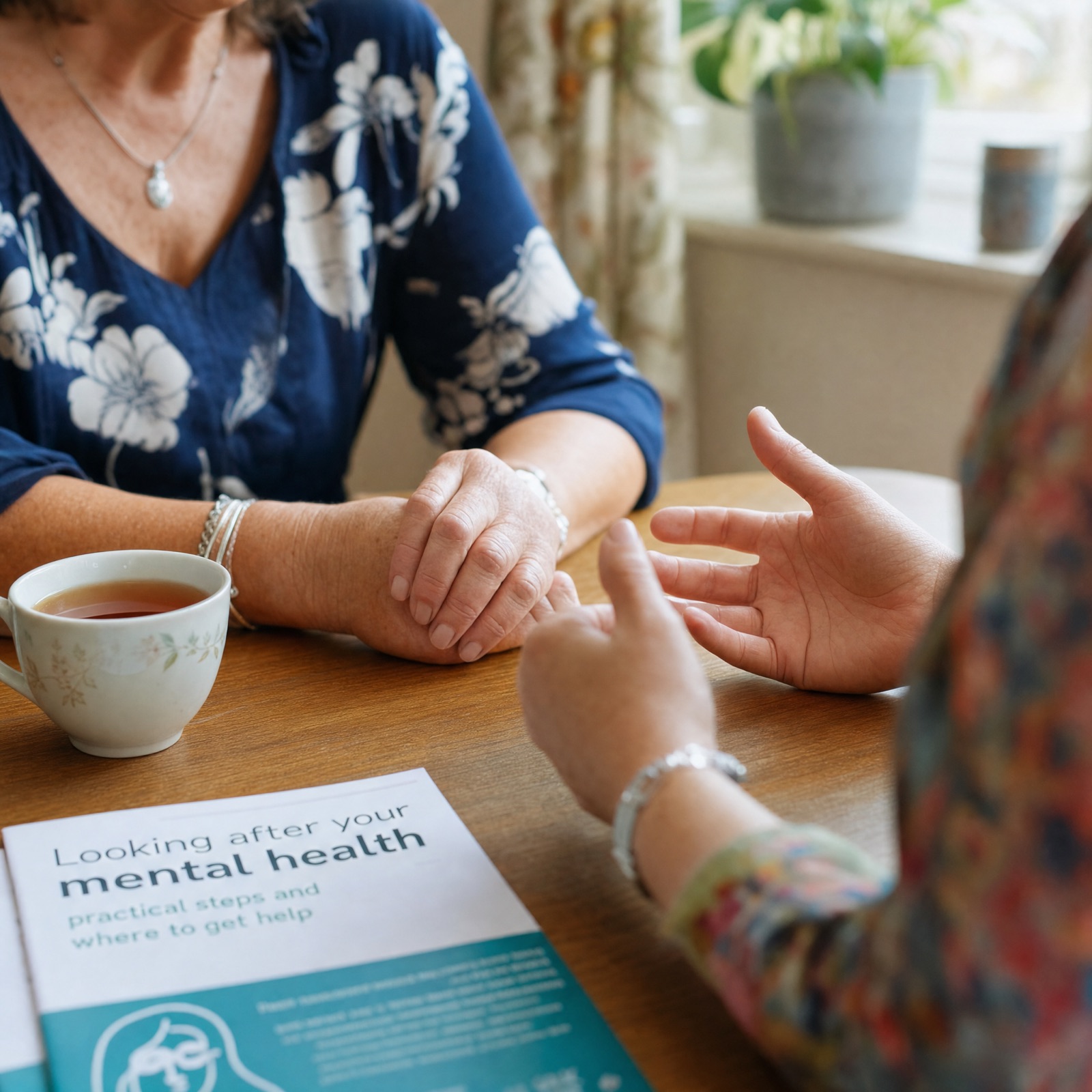Hands holding an NHS letter at a kitchen table