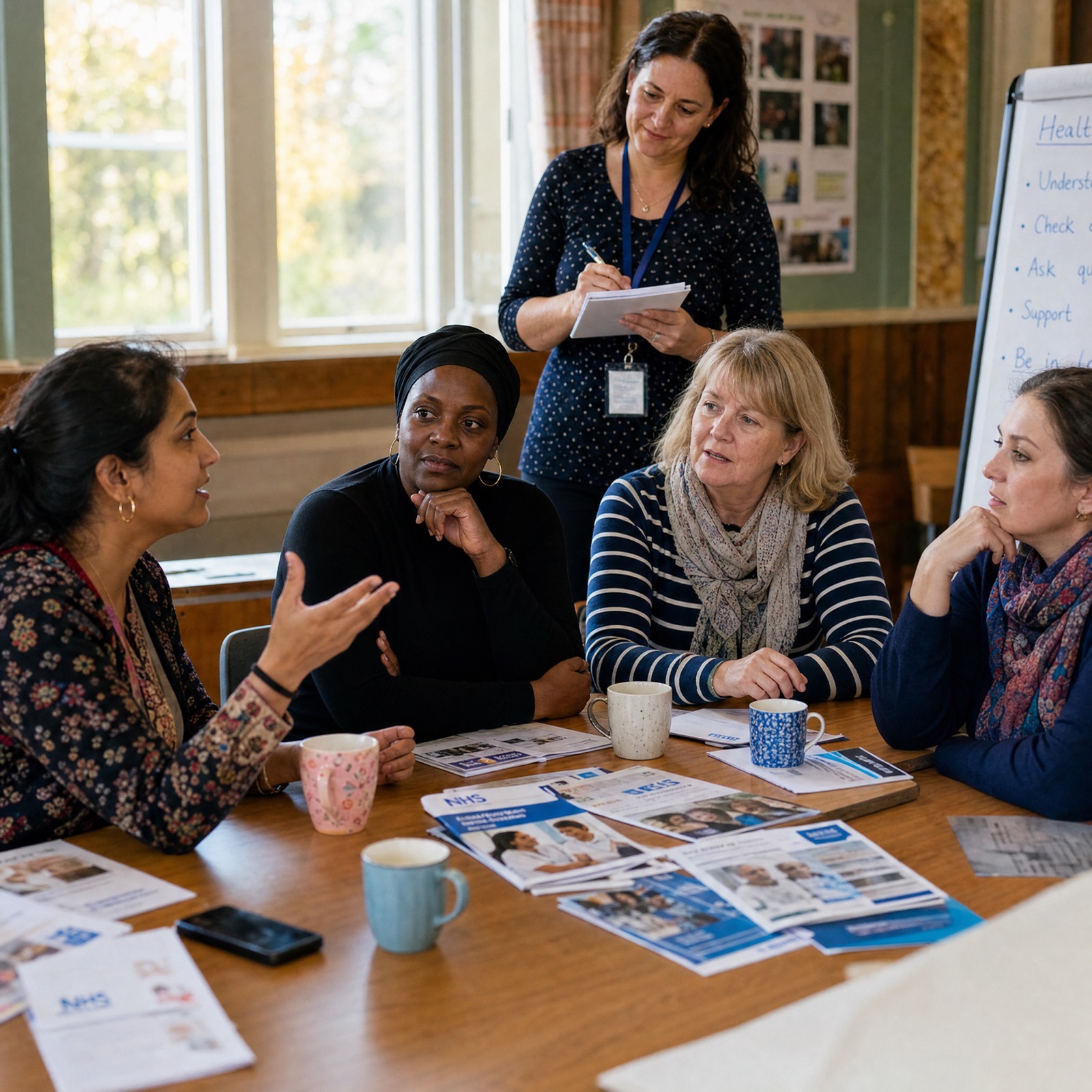 Two people talking over cups of tea at a community hub table in Falkirk